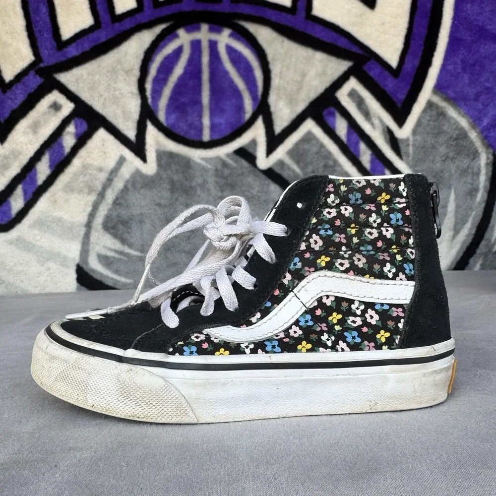 Size 11.5c - VANS‎ Toddler Sk8-Hi Zip Flowers Black /White Skate Canvas Sneakers